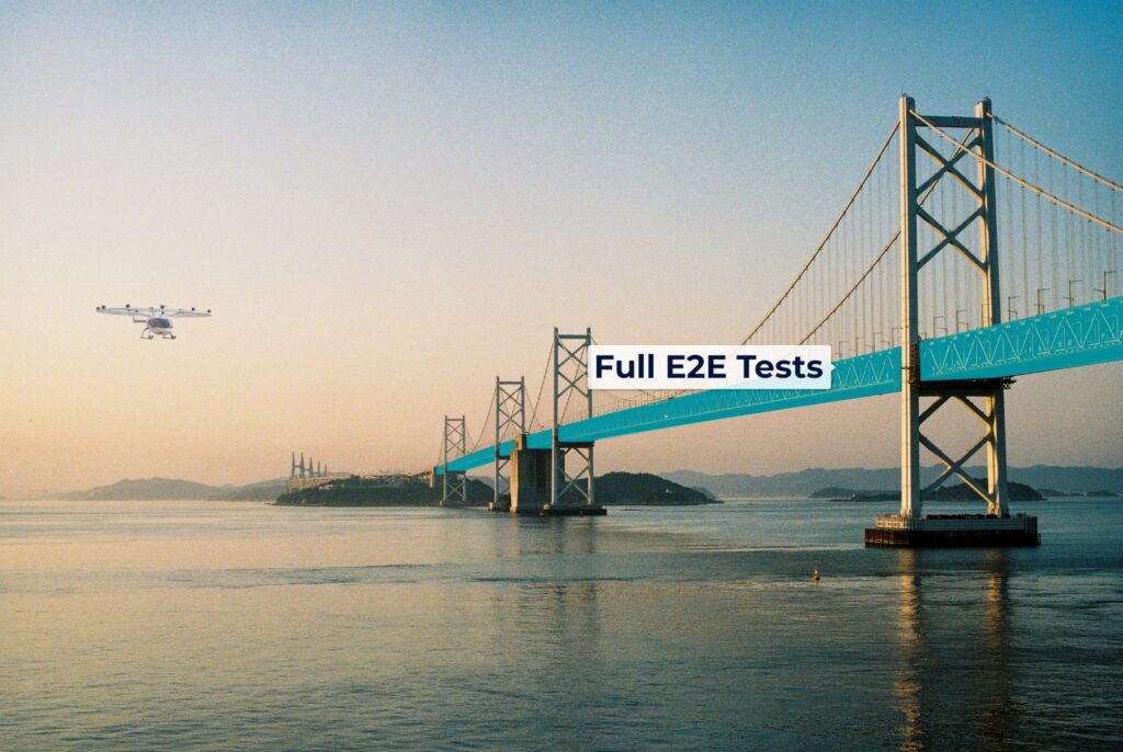 A suspension bridge with a highlighted bridge deck that has the caption "Full E2E Tests"