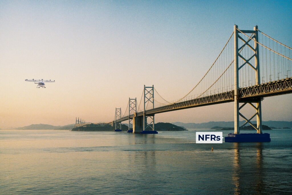 A suspension bridge with highlighted foundations that have the caption "NFRs"